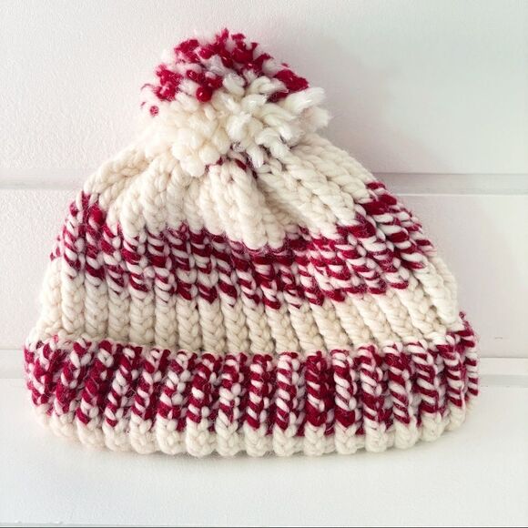 Hand Knit Girls Striped Maroon and Off White Winter Beanie Hat - Picture 1 of 2